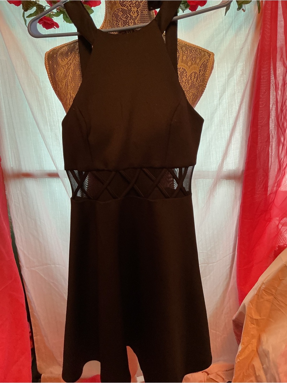 My Michelle Black Mini Dress with Mesh Waist Lattice